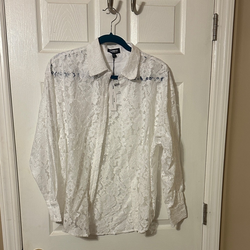 Express Women's Ivory Lace Button Down Blouse